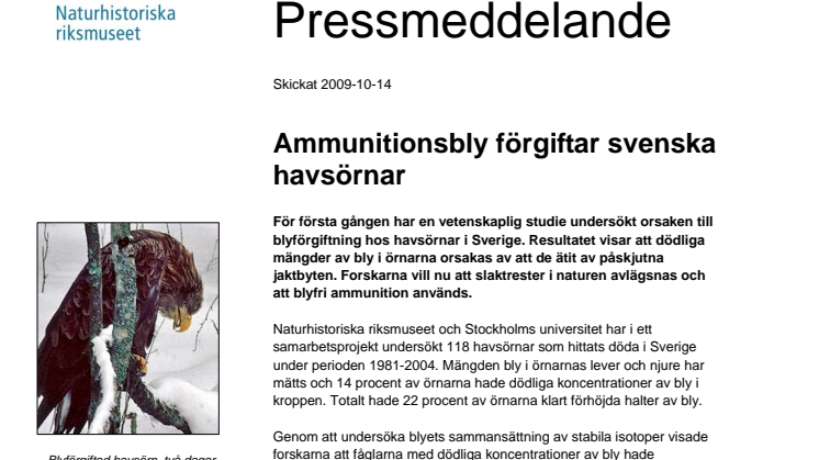 Ammunitionsbly förgiftar svenska havsörnar