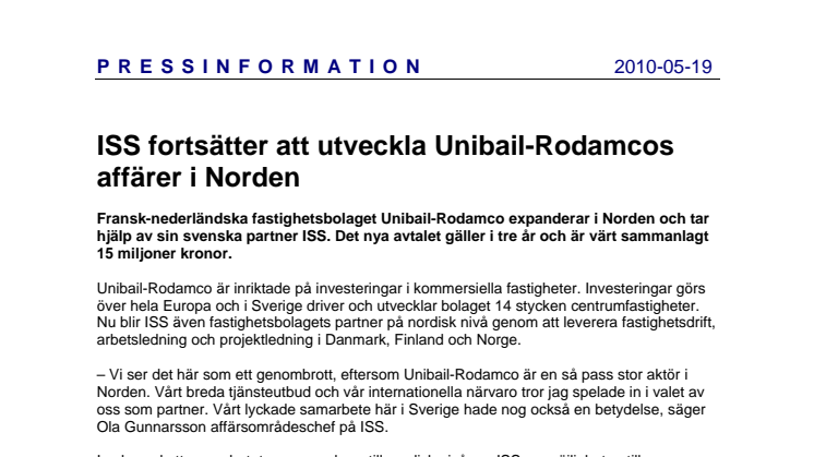 ISS fortsätter att utveckla Unibail-Rodamcos affärer i Norden