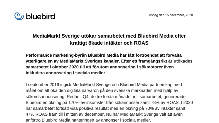 MediaMarkt Sverige utökar samarbetet med Bluebird Media efter kraftigt ökade intäkter och ROAS