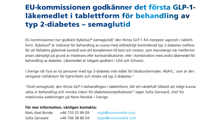 EU-kommissionen godkänner det första GLP-1- läkemedlet i tablettform för behandling av typ 2-diabetes – semaglutid