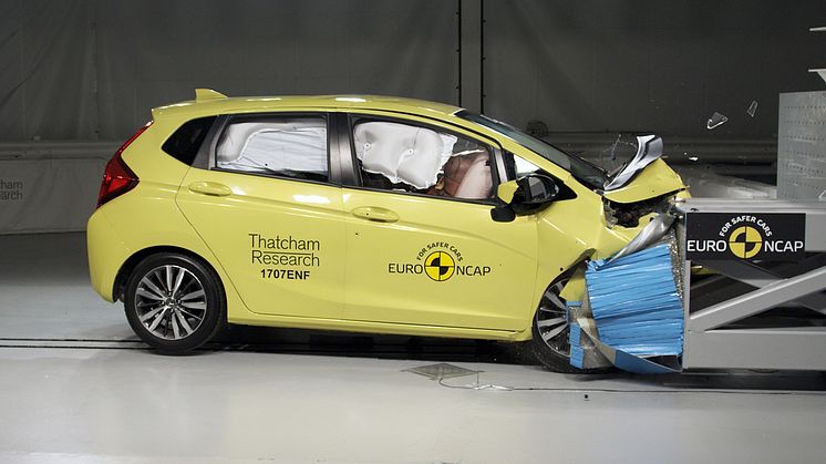 Euro NCAP 20th - the current Honda Jazz during a 40mph frontal offset test in the Thatcham Research Crash Lab
