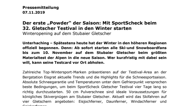 Der erste „Powder“ der Saison: Mit SportScheck beim  32. Gletscher Testival in den Winter starten