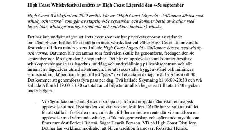 High Coast Whiskyfestival ersätts av High Coast Lägereld den 4-5e september