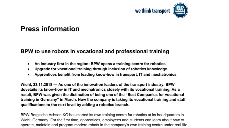 BPW to use robots in vocational and professional training