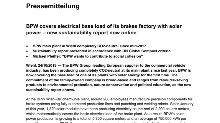 BPW covers electrical base load of its brakes factory with solar power – new sustainability report now online