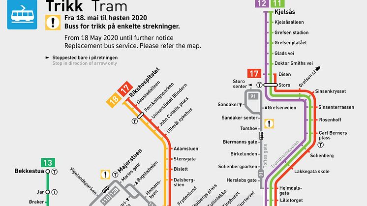 Fra søndag 18. mai og gjennom sommeren kjører vi buss for trikk 11, 12 og 13 på Majorstuen og Grünerløkka. Det blir også endringer for trikk 19 og nattbussene 1N, 2N, 11N og 12N.