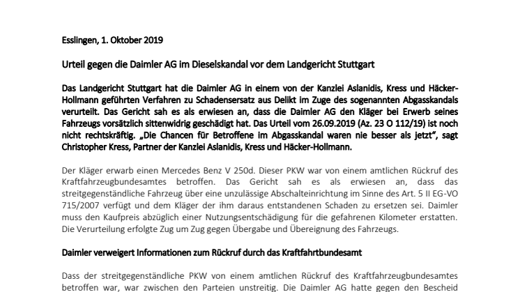 Urteil gegen die Daimler AG im Dieselskandal vor dem Landgericht Stuttgart
