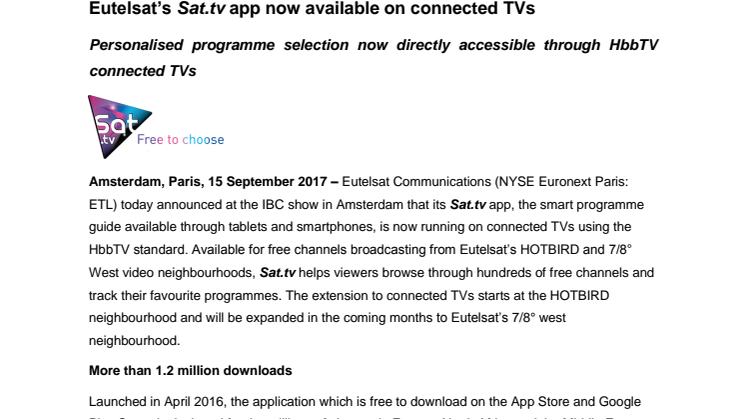 Eutelsat’s Sat.tv app now available on connected TVs 