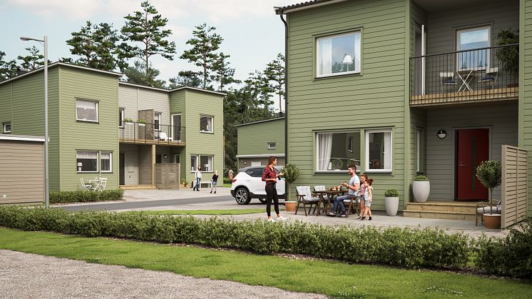 Illustration av entrésida med förstukvist & balkong, BoKlok Hjälmen i södra Hemlingby, Gävle. 