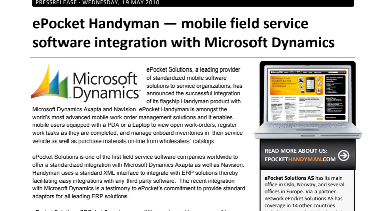 ePocket Handyman är nu integrerat med Microsoft Dynamics för mobil orderhantering.