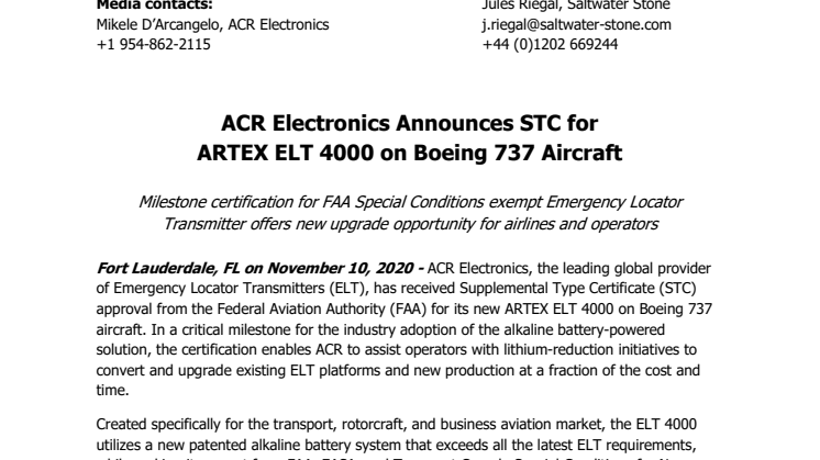 ACR Electronics Announces STC for ARTEX ELT 4000 on Boeing 737 Aircraft