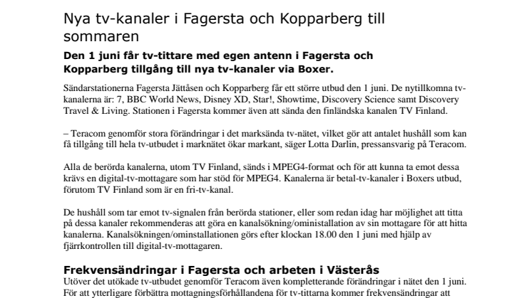 Nya tv-kanaler i Fagersta och Kopparberg till sommaren