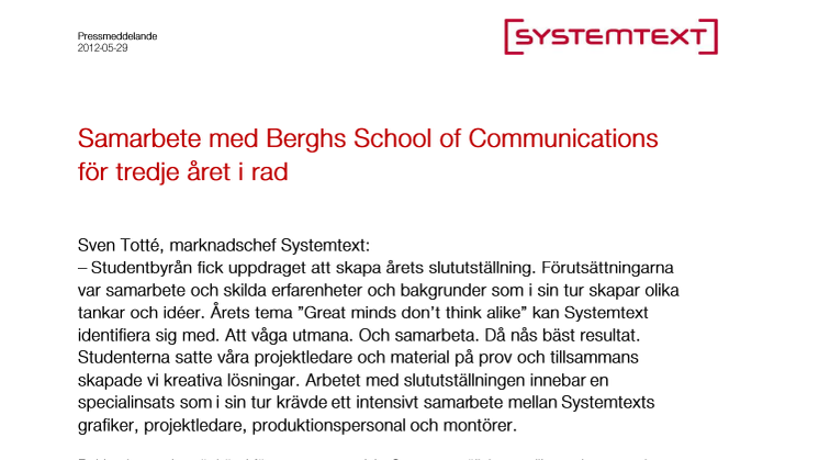 Samarbete med Berghs School of Communications för tredje året i rad
