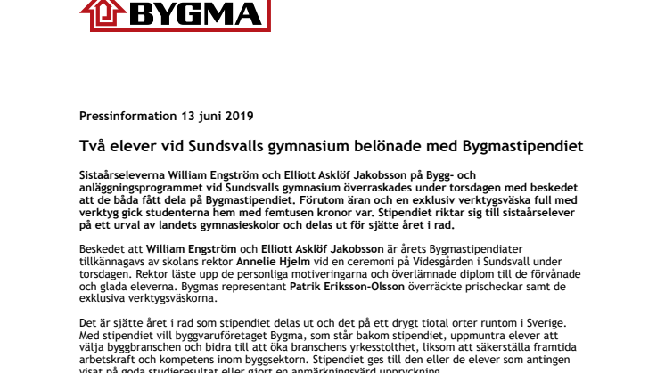 Två elever vid Sundsvalls gymnasium belönade med Bygmastipendiet