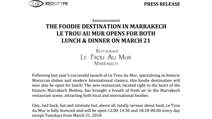 LE TROU AU MUR OPENS FOR BOTH  LUNCH & DINNER ON MARCH 21