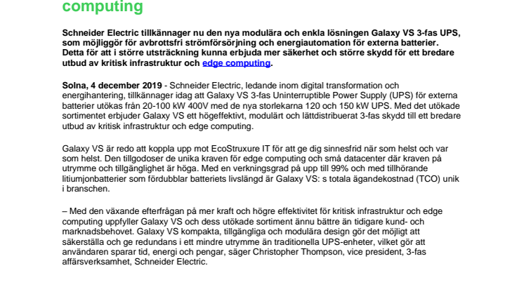 Schneider Electric utökar lösningen Galaxy VS 3-fas UPS för säkrare kritisk infrastruktur och edge computing