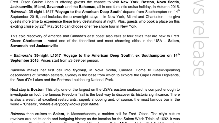 Take a ‘Voyage to the American Deep South’ with  Fred. Olsen Cruise Lines in Autumn 2015