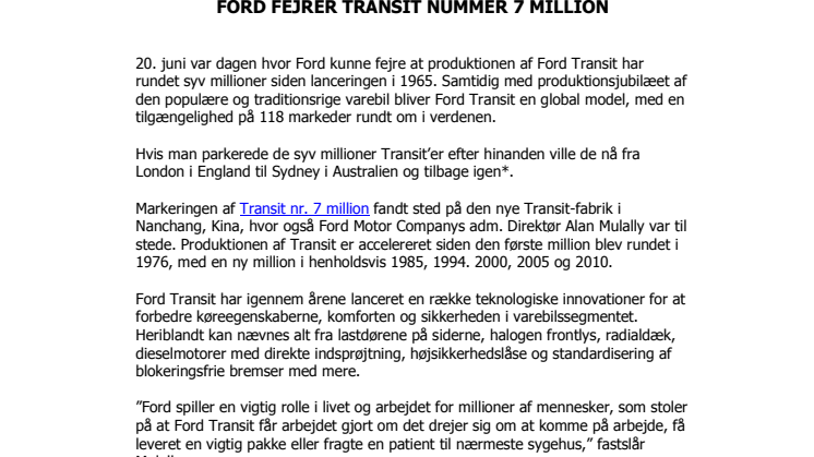 FORD FEJRER TRANSIT NUMMER 7 MILLION
