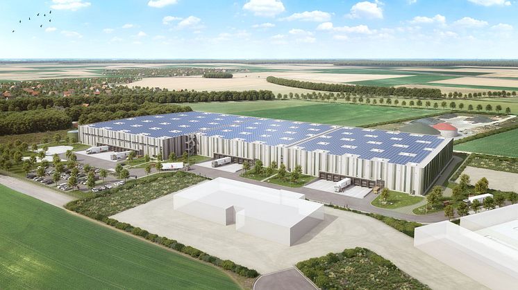 Visualisierung/Bild-Animation der geplanten 24.000 m² großen Logistikimmobilie im Gewerbepark Bockenem (Quelle: bauwo).