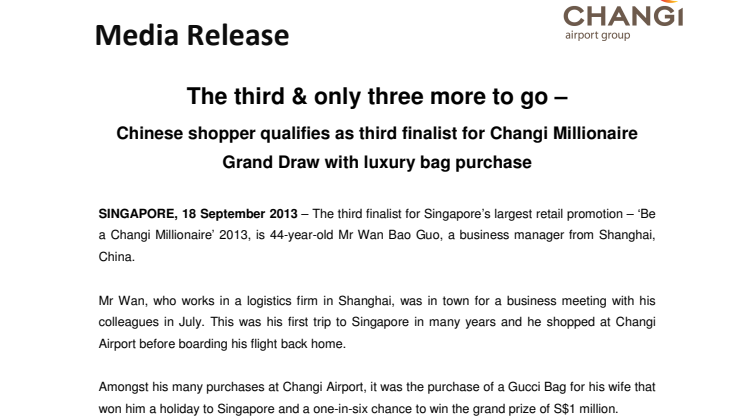 Chinese shopper qualifies as third finalist for Changi Millionaire Grand Draw with luxury bag purchase