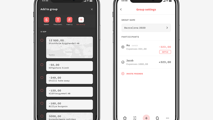 The new feature set Groups from P.F.C. allows users to create groups with friends and family and keep track of and settle shared expenses.