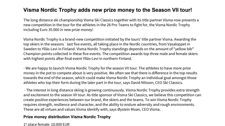 ​Visma Nordic Trophy adds new prize money to the Season VII tour!