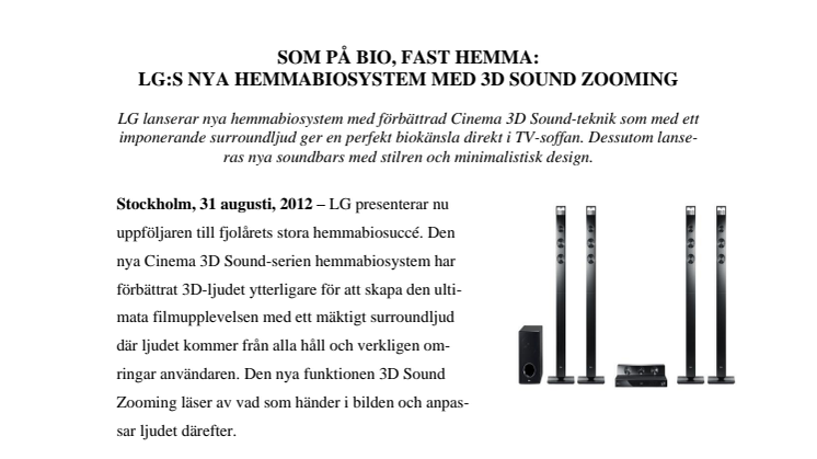 SOM PÅ BIO, FAST HEMMA: LG:S NYA HEMMABIOSYSTEM MED 3D SOUND ZOOMING