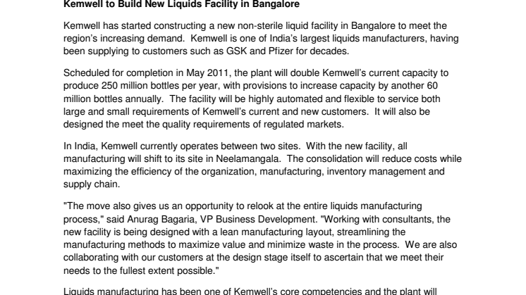 Kemwell to Build New Liquids Facility in Bangalore