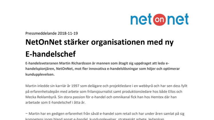 NetOnNet stärker organisationen med ny  E-handelschef 