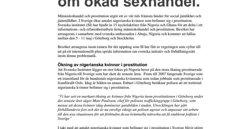 Nigerianska experter besöker Sverige för dialog om ökad sexhandel