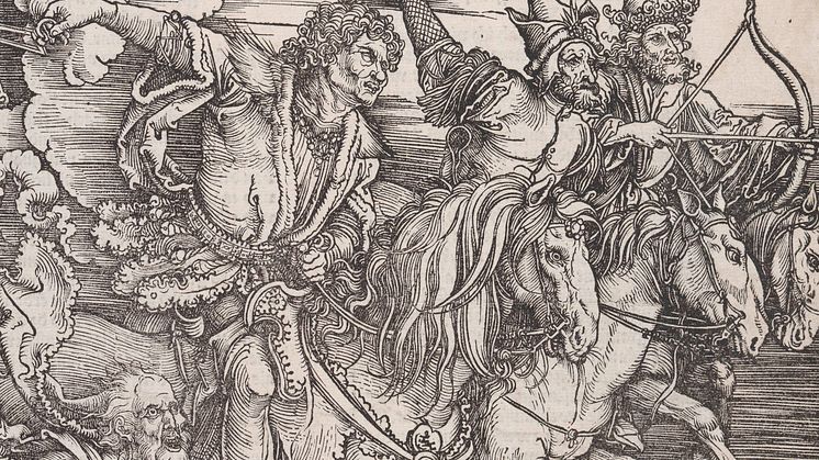 Avtrykk. Tresnitt fra fem århundrer. Albrecht Dürer, De fire apokalyptiske ryttere (detalj), tresnitt, 1498.