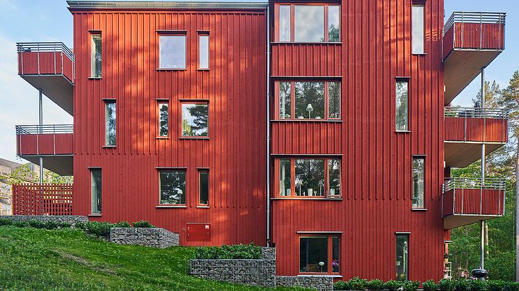 Samtliga gemensamhetsytor i huset ligger högst upp i huset. Bland annat innefattar dessa en stor takterrass. Fotograf: Åke E-son Lindman.
