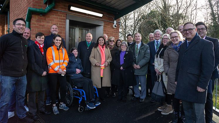 Nus Ghani MP (centre) celebrates Crowborough station's new lifts and footbridge with local community and rail industry guests