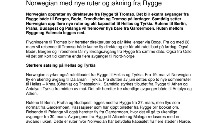 Norwegian med nye ruter og økning fra Rygge