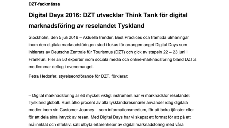 Digital Days 2016: DZT utvecklar Think Tank för digital marknadsföring av reselandet Tyskland