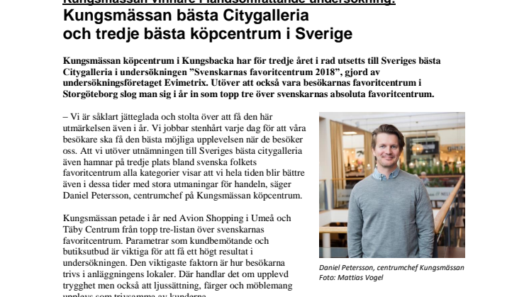 Kungsmässan vinnare i landsomfattande undersökning:  Kungsmässan bästa Citygalleria  och tredje bästa köpcentrum i Sverige