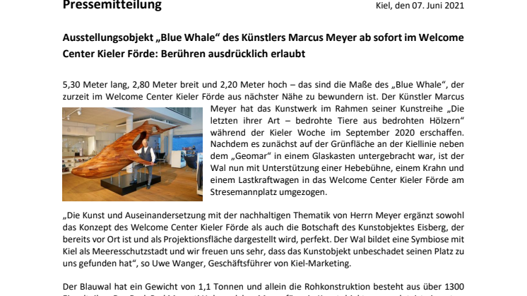 Pressemitteilung: Ausstellungsobjekt "Blue Whale" ab sofort im Welcome Center Kieler Förde