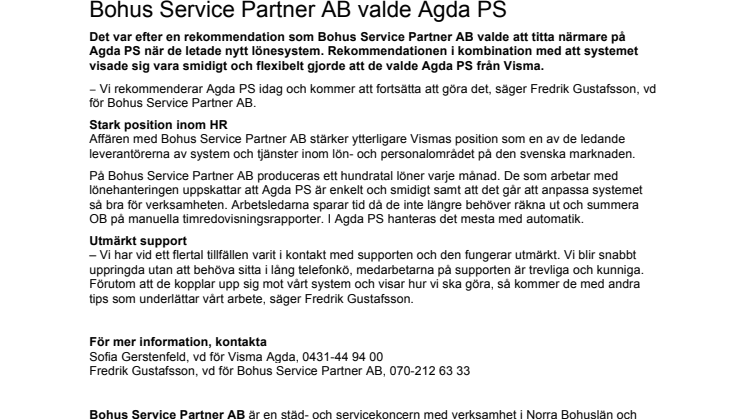 Bohus Service Partner AB valde Agda PS