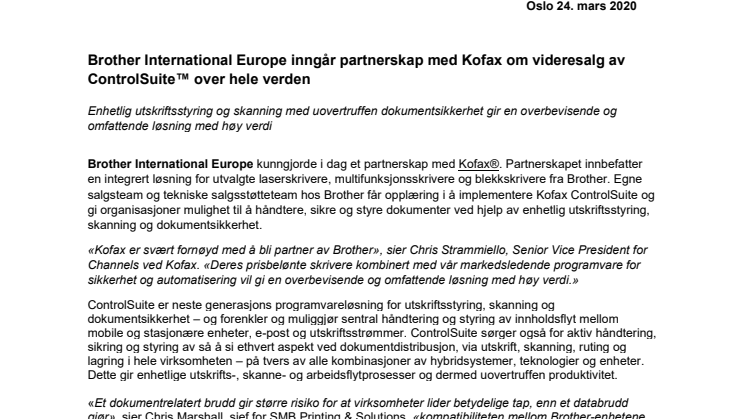 Brother International Europe inngår partnerskap med Kofax om videresalg av ControlSuite™ over hele verden