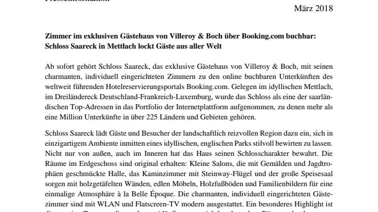Zimmer im exklusiven Gästehaus von Villeroy & Boch über Booking.com buchbar: Schloss Saareck in Mettlach lockt Gäste aus aller Welt