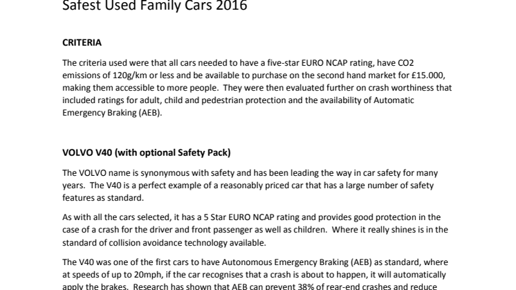 Safest Used Family Cars 2016 : Criteria and Top 3