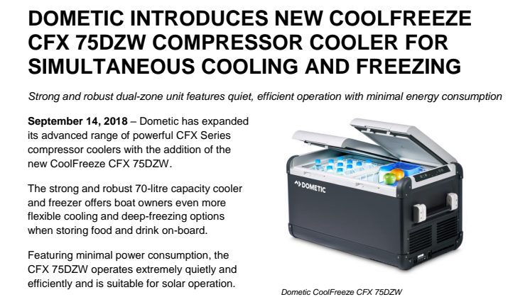 Dometic Introduces New CoolFreeze CFX 75DZW Compressor Cooler for Simultaneous Cooling and Freezing