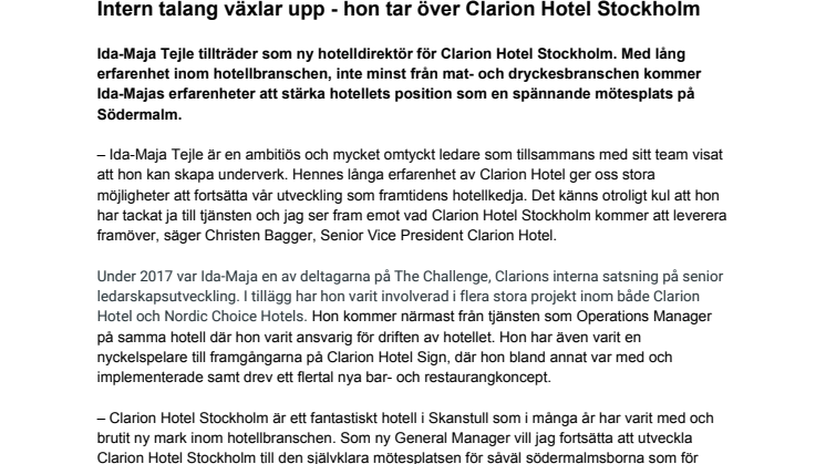 Intern talang växlar upp - hon tar över Clarion Hotel Stockholm