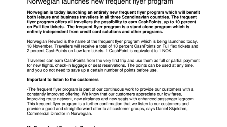 Norwegian launches new frequent flyer program 