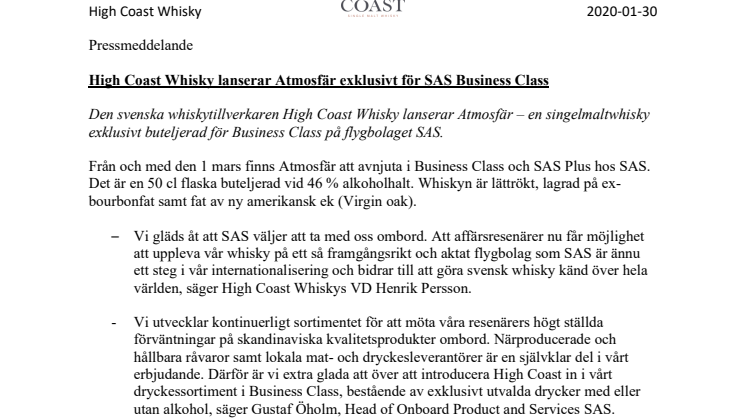 High Coast Whisky lanserar Atmosfär exklusivt för SAS Business Class