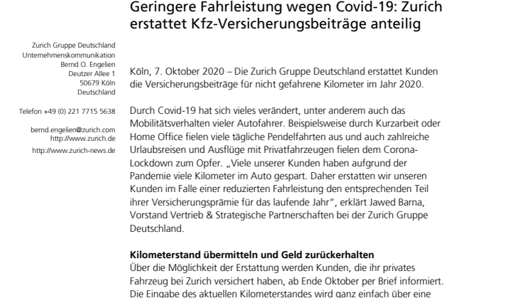   Geringere Fahrleistung wegen Covid-19: Zurich erstattet Kfz-Versicherungsbeiträge anteilig