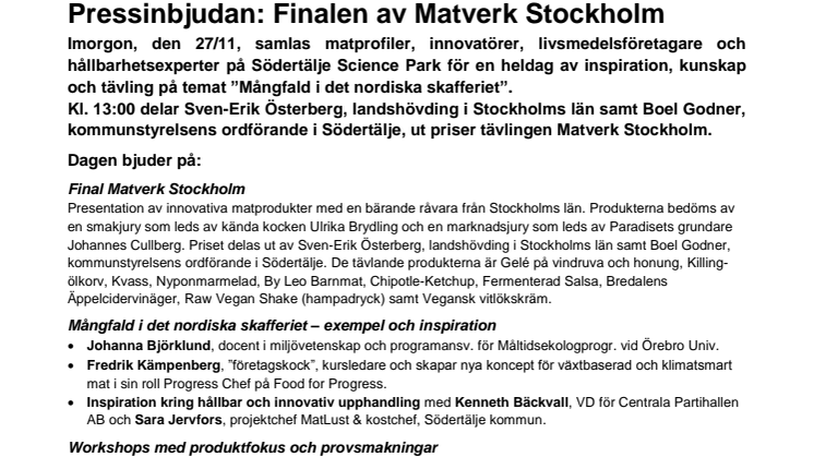 Imorgon: MatLust & Matverk: Mångfald i det nordiska skafferiet och finalen av Matverk Stockholm