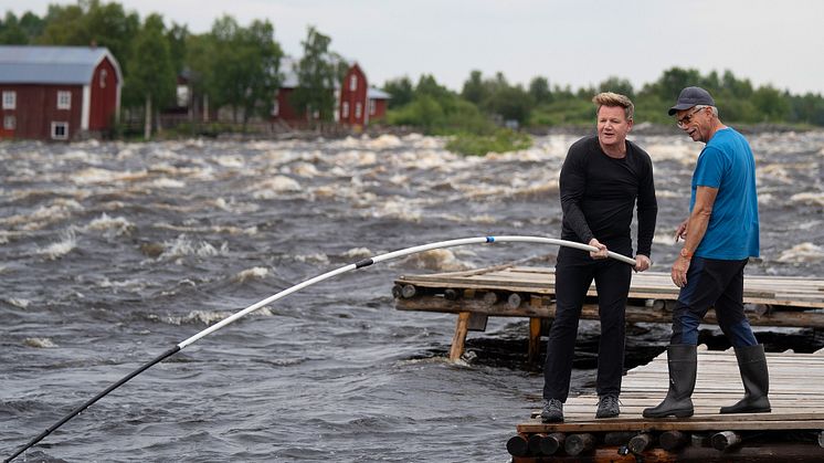 Gordon Ramsay kalastaa perinteisellä tavalla Kukkolankoskella Pohjois-Suomenssa. Kuva: Justin Mandel, National Geographic