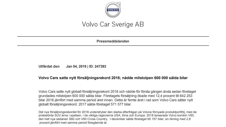 Volvo Cars satte nytt försäljningsrekord 2018; nådde milstolpen 600 000 sålda bilar
