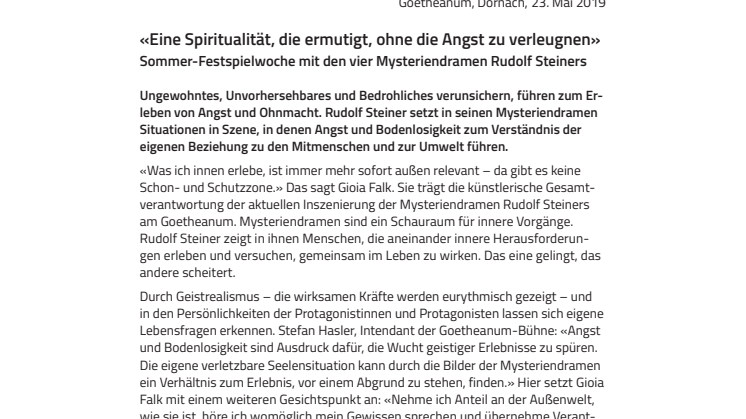 «Eine Spiritualität, die ermutigt, ohne die Angst zu verleugnen». ​Sommer-Festspielwoche mit den vier Mysteriendramen Rudolf Steiners